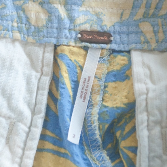 Free People Blue & Yellow Tropical Palm Leaf Island Seersucker Shorts - Picture 2 of 7